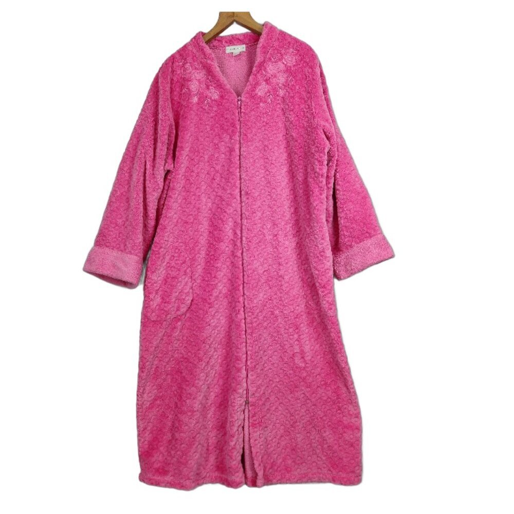 Miss Elaine Women's Large Pink Plush Zip-Front Long Robe 3/4 Sleeves Floral Trim